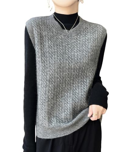 LIUYUYOUGO Pullunder Damen Ärmellos Strick-Tanktops Für Damen Aus Wolle Einfarbig Zopfmuster Rundhalsausschnitt Grober Pullover Lässig Locker Ärmellos Frühling Herbst Strickoberteile Westen Grau M von LIUYUYOUGO