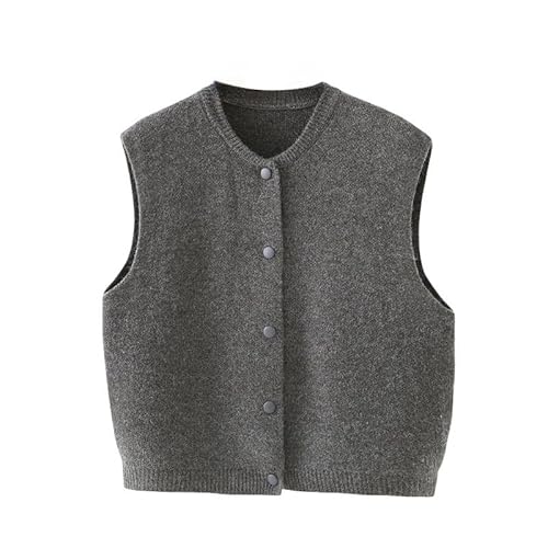LIUYUYOUGO Pullunder Für Damen Strickwesten Für Damen Rundhalsausschnitt Button Down Cardigan Ärmellos Kurze Tanktops Gilet Einfarbig Lockere Strickweste Damen Strickoberbekleidung Dunkelgrau L von LIUYUYOUGO