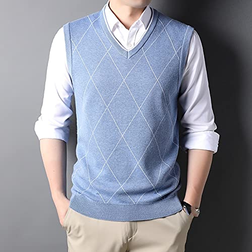 LIUYUYOUGO Pullunder Für Herren,Herren Strickwesten Lässige Raute Karierte Streifen Slim Fit V-Ausschnitt Hellblau Herbst Winter Verdicken Warm Ärmellose Tasche Cardigan Slipover Weste Pullover T von LIUYUYOUGO