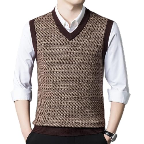 LIUYUYOUGO Pullunder Herren Ärmellos,Herren Strickpullover Weste Vintage Braun Jacquard V-Ausschnitt Herbst Warm Ärmellos Strick Pullover Weste Klassische Business Weste Strick Tanktops,XXL von LIUYUYOUGO