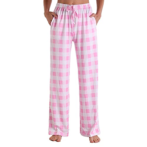 LIUYUYOUGO Pyjama Hosen Damen,Damen Weiche Bequeme Pyjamahose Lässig Klassischer Rosa Weiß Karierter Druck Stretch Kordelzug Schlafhose Weites Bein Loungehose Yogahose Home Loungewear Mit Tasche,L von LIUYUYOUGO