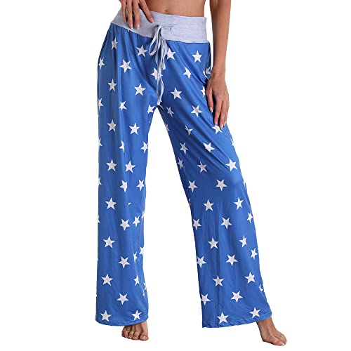 LIUYUYOUGO Pyjama Hosen Damen,Damen Weiche Bequeme Pyjamahose Lässige Lockere Seeblaue Sterne Print Stretch Kordelzug Schlafhose Weites Bein Loungehose Yogahose Home Loungewear,3XL von LIUYUYOUGO