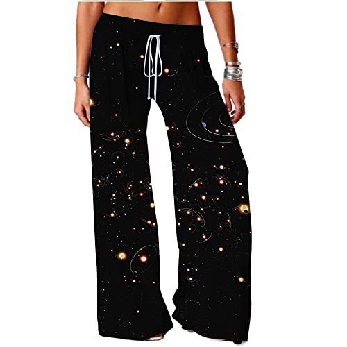 LIUYUYOUGO Pyjama Hosen Damen,Lässige, Bequeme Pyjamahose Für Damen, Kreativ, Plus Größe, Schwarzes Universum, Galaxiedruck, Frühling, Lockere Schlafhose, Stretch-Kordelzug, Weites Bein, Yogaho von LIUYUYOUGO