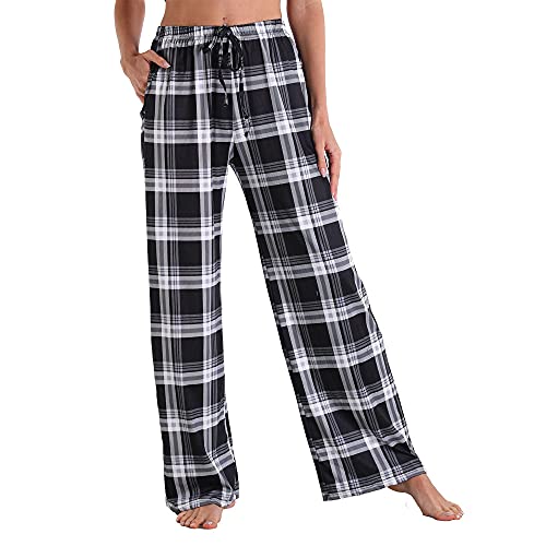 LIUYUYOUGO Pyjama Hosen Damen,Weiche Bequeme Pyjamahose Für Damen Lässiger Sport Locker Schwarz-Weiß Karierter Druck Stretch Kordelzug Schlafhose Weites Bein Loungehose Yogahose Home Loungewear M von LIUYUYOUGO