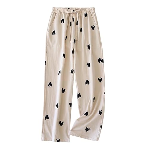 LIUYUYOUGO Pyjamahose Damen,1Er 2Er Pack Pyjamahosen Aus Baumwolle Für Damen Mit Herz Print Lounge Hose Weich Bequem Weites Bein Lässige Lockere Schlafhose Loungewear Nachtwäsche Mit Taschen Beig von LIUYUYOUGO