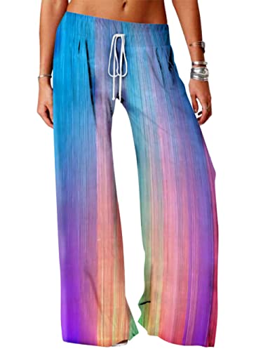 LIUYUYOUGO Pyjamahose Damen,Lässige, Bequeme Pyjamahose Für Damen, Mode, Bunter Regenbogen, Farbverlauf, Locker, Weites Bein, Kordelzug, Sport-Yogahose, Sommer, Schlafhose, Lounge, Heimkleidung, XL von LIUYUYOUGO