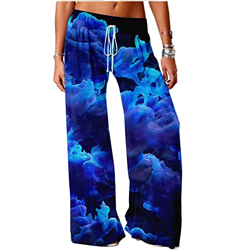 LIUYUYOUGO Pyjamahose Damen,Lässige, Bequeme Pyjamahose Für Damen In Übergröße, Kreativer Marineblauer Smogwolkendruck, Frühling, Lockere Schlafhose, Stretch-Kordelzug, Weites Bein, Yogahose, von LIUYUYOUGO