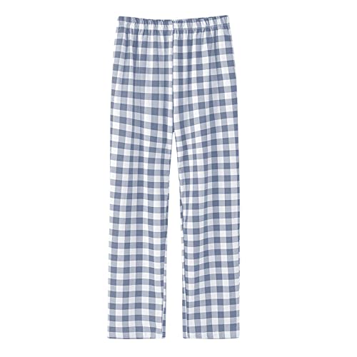 LIUYUYOUGO Pyjamahose Damen Lang,Damen Weiche Bequeme Pyjamahose Lässige Baumwolle Locker Hellblaue Baumwolle Karierter Druck Stretch Hohe Taille Schlafhose Weites Bein Lounge Yogahose Hose Sport L von LIUYUYOUGO