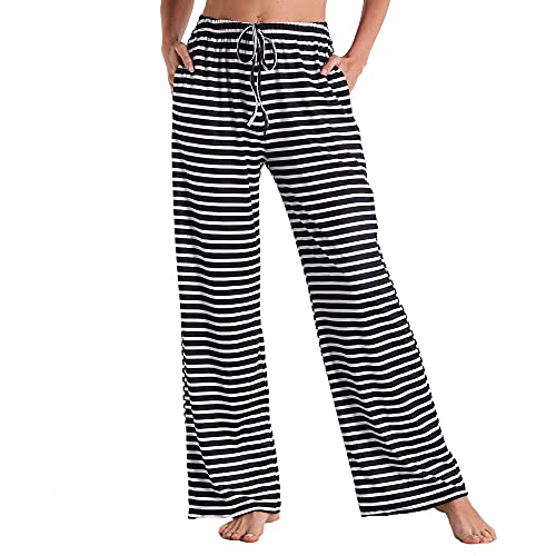 LIUYUYOUGO Schlafanzughose Damen,Damen Weiche Bequeme Pyjamahose Lässige Lose Schwarz-Weißer Streifendruck Stretch Kordelzug Schlafhose Weites Bein Loungehose Yogahose Home Loungewear Mit Tasche,S von LIUYUYOUGO