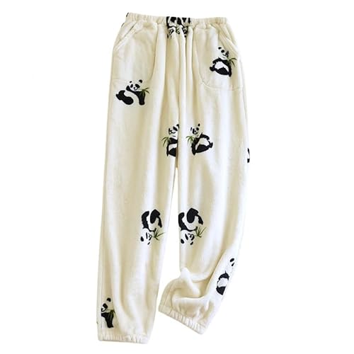 LIUYUYOUGO Schlafanzughosen Für Damen,Damen Fleece Schlafanzughose Weiß Süße Panda Loungehose Aus Flanell Ultraweiche Flauschige Pyjamahose Für Den Winter Warme Nachtwäsche Lockere Pyjamahose von LIUYUYOUGO