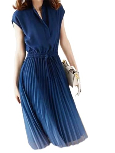 LIUYUYOUGO Sommerkleid Damen,Elegantes Chiffonkleid Für Damen Vintage Maxikleider Lässig Locker Stehkragen Swing Kleider Abend Sexy Strand Party Büro Plissee Kleid Für Mädchen Damen,Blau,L von LIUYUYOUGO