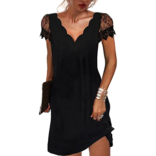 LIUYUYOUGO Sommerkleid Damen,Midikleider Für Damen Elegant Plus Größe Einfarbig Schwarz Gewellt Mit V-Ausschnitt Spitze Kurzarm Strandkleider Böhmen Sommer A-Linie Fließendes Swing-Kleid Für von LIUYUYOUGO
