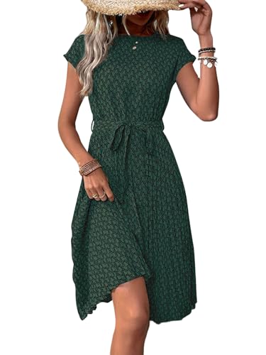 LIUYUYOUGO Sommerkleid Damen,Sommer Print Kleider Für Damen Flatternde Kurzarm Midi Plissee Kleid Modisches Geometrisch Bedrucktes A Linien Swing Flower Kleid Boho Strand Urlaubskleid Mit Gürtel D von LIUYUYOUGO