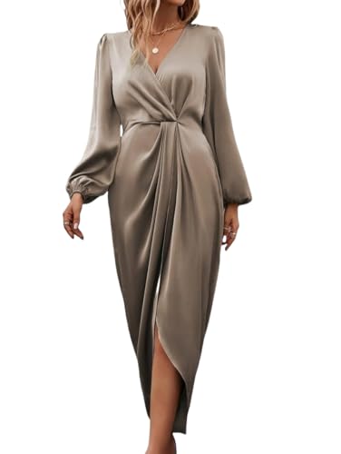 LIUYUYOUGO Sommerkleider Damen Damen Satin Wickelkleid Mit V Ausschnitt Laterne Langarm Elegantes Midikleid Aus Seide Mit Gerüschter Elastischer Taille Und Schlitz Für Hochzeiten Formelle Cocktail von LIUYUYOUGO