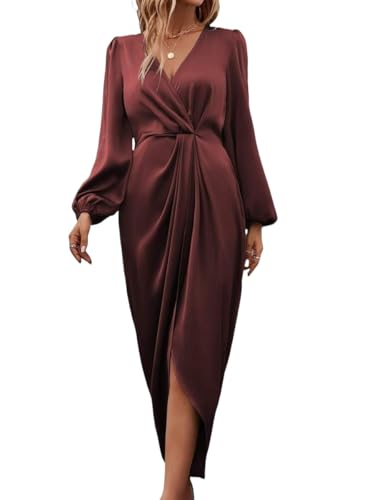 LIUYUYOUGO Sommerkleider Damen Damen Satin Wickelkleid Mit V Ausschnitt Laterne Langarm Elegantes Midikleid Aus Seide Mit Gerüschter Elastischer Taille Und Schlitz Für Hochzeiten Formelle Cocktail von LIUYUYOUGO