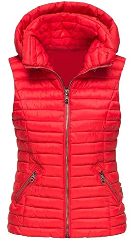 LIUYUYOUGO Steppweste Damen,Damen Steppweste Mit Kapuze Lässiger Kurzer Roter Schrägreißverschluss Taschen Glänzende Steppweste Gepolstert Winddichter Bodywarmer Ärmellose Jacke Wintermantel We von LIUYUYOUGO