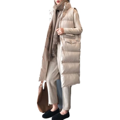 LIUYUYOUGO Steppweste Lang Damen,Lange Steppweste Beige Ärmellos Lange Damen Weste Mit Revers, Damen Weste Steppweste Lässig Elegant Wattierter Übergangsmantel Für Damen Mädchen Outdoor Büro,B von LIUYUYOUGO