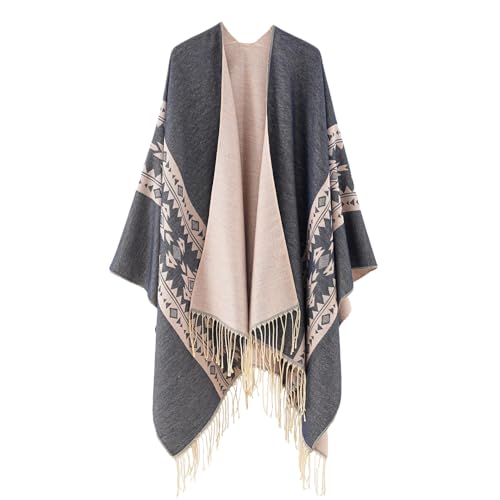 LIUYUYOUGO Stola Damen Festlich,Bedruckter Poncho Umhang Für Damen Übergroßer Schal Weicher Strickumhang Aus Kunstkaschmir Mit Quaste Aztekischer Ethno Stil Offener Cardigan Pullover Warmer Schal von LIUYUYOUGO