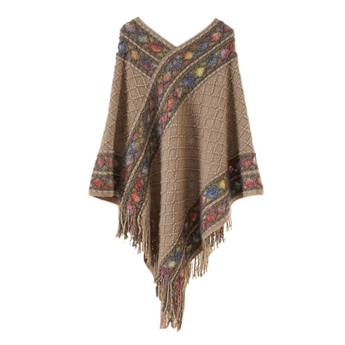 LIUYUYOUGO Stola Damen Festlich,Gestrickte Schals Und Tücher Für Damen Ärmelloser Pullover Poncho V Ausschnitt Zopfmuster Cape Wickeltuch Mit Fransen Boho Ethno Rhombus Häkel Poncho Mantel Weich von LIUYUYOUGO