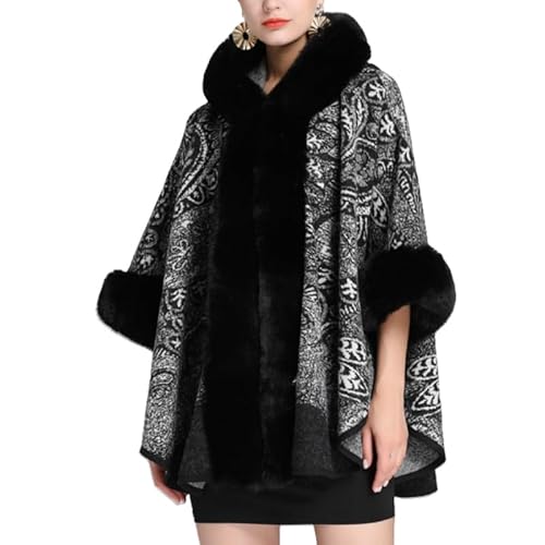 LIUYUYOUGO Stola Damen Festlich Damen Winter Poncho Cape Mit Kapuze Und Pelzkragen Retro Jacquard Kunstpelz Schal Wickelstola Winter Warm Oversize Cardigans Kapuze Wollmantel Für Hochzeit Abendpart von LIUYUYOUGO