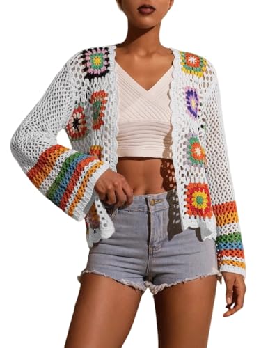 LIUYUYOUGO Strickjacke Damen Häkel Cardigan Für Damen Mit Blumenmuster Handgefertigt Ausgehöhlt Gestrickt Kurze Strickjacken Boho Stil Quadratisches Blumenmuster Leichte Mäntel Sommer Ausgestell von LIUYUYOUGO