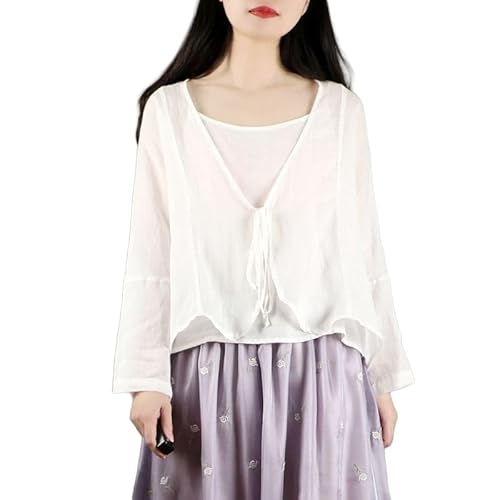 LIUYUYOUGO Strickjacke Strickjacken, Sommer Cardigans Für Damen Vorne Offen Zum Binden Leinen Bolero Cardigans Transparente Capes Vintage Spleißen Langärmelige Blusenoberteile Leichte Jacke Stran von LIUYUYOUGO