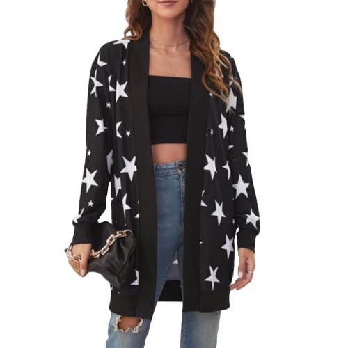 LIUYUYOUGO Strickjacke Strickjacken,Damen Strickjacken Mode Mittellang Schwarz Pentagramm Sterne Open Front Pullover Strickjacke Herbst Winter Temperament Weich Langarm Strick Oberbekleidung Jacke M von LIUYUYOUGO