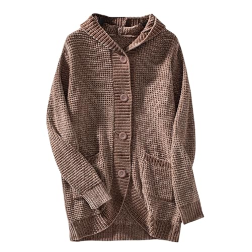 LIUYUYOUGO Strickjacke Strickjacken,Langer Cardigan Mit Kapuze Und Knöpfen Fleece Chenille Pullover Oberbekleidung Vintage Hoodie Waffelmuster Grobstrick Cardigan Für Den Winter Weich Warm Longlin von LIUYUYOUGO