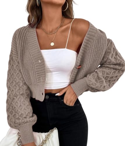 LIUYUYOUGO Strickjacke Strickjacken,Strickjacke Für Damen Kurz Grobes Zopfmuster Gestrickt Bolero Cardigan Langärmelig V Ausschnitt Pullover Mäntel Warmer Herbstpullover Jacke Kurze Wintermäntel von LIUYUYOUGO