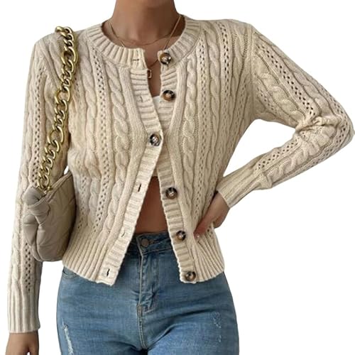LIUYUYOUGO Strickjacke Strickjacken Strickjacke Für Damen Kurz Damen Grob Gestrickt Zopfmuster Bolero Cardigan Aprikose Rundhalsausschnitt Pullover Mäntel Slim Fit Pullover Jacke Y2K Strick Crop T von LIUYUYOUGO