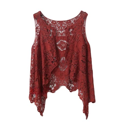 LIUYUYOUGO Strickjacken Für Damen, Boho Hippie Häkelweste Vorne Offen Hohle Spitze Drapierte Strickjacke Ärmellos Gestrickte Bolero Achselzucken Oberteile Vintage Unregelmäßiges Sommer Tank Top von LIUYUYOUGO