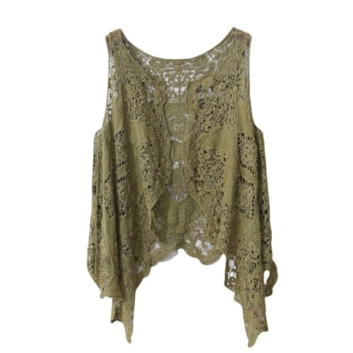 LIUYUYOUGO Strickjacken Für Damen, Boho Hippie Häkelweste Vorne Offen Hohle Spitze Drapierte Strickjacke Ärmellos Gestrickte Bolero Achselzucken Oberteile Vintage Unregelmäßiges Sommer Tank Top von LIUYUYOUGO