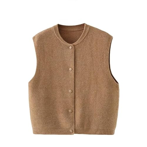 LIUYUYOUGO Strickweste Damen Ärmellos Strickwesten Für Damen Rundhalsausschnitt Button Down Cardigan Ärmellos Kurze Tanktops Gilet Einfarbig Lockere Strickweste Damen Strickoberbekleidung Braun S von LIUYUYOUGO