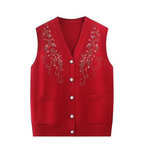 LIUYUYOUGO Strickweste Damen ärmellos Strickjacke für ältere Menschen mittleren Alters und ältere Menschen Weste V Ausschnitt ärmellos Strickweste mit Blumenstickerei Oma Pullover Strickobertei von LIUYUYOUGO