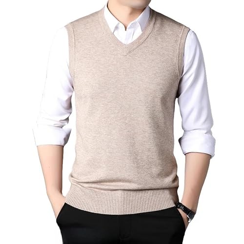 LIUYUYOUGO Strickweste Herren Ärmellos,Herren Strickpullover Weste Lässig Einfarbig Spleißen Slim Fit V-Ausschnitt Herbst Winter Warm Ärmellos Strick Pullover Stricken Tank Tops Bluse,Beige,XL von LIUYUYOUGO