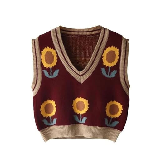 LIUYUYOUGO Sweater Pullunder,Damen Strickpullover Weste Vintage Kurze Sonnenblume Jacquard Spleißen V-Ausschnitt Herbst Winter Lose Ärmellose Pullover Gilets Pullover Stricken Tank Top Cami Weste von LIUYUYOUGO
