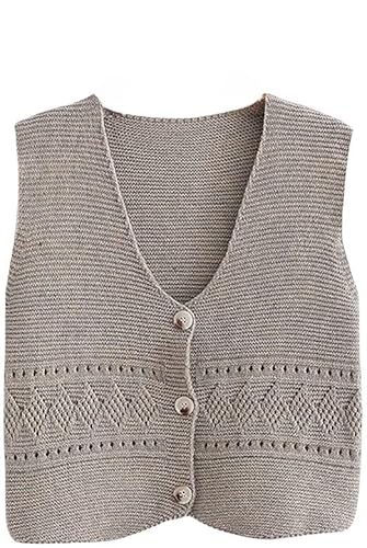LIUYUYOUGO Sweater Pullunder,Damen Strickwesten Vintage Distressed Häkeln Raute Hohl V-Ausschnitt Kurz Herbst Winter Lose Ärmellose Knöpfe Strickjacke Pullover Tank Top Cami Weste Bluse,Grau von LIUYUYOUGO