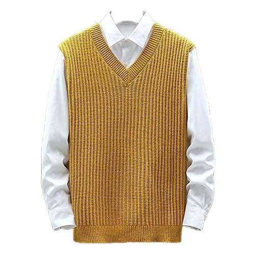 LIUYUYOUGO Sweater Pullunder,Herren Strickpullover Weste Casual Fashion Preppy Slim Fit Rippstrick V-Ausschnitt Gelb Herbst Winter Weich Warm Ärmellos Strick Pullover Weste Weste Stricken Tank Tops von LIUYUYOUGO