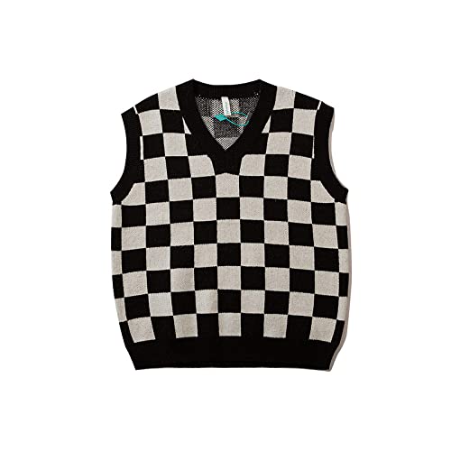 LIUYUYOUGO Sweater Pullunder,Herren Strickpullover Weste Mode Schwarz Schachbrett Jacquard V-Ausschnitt Herbst Warm Ärmellos Strick Pullover Gilet Lässig Locker Paar Weste Strick Tanktops,M von LIUYUYOUGO