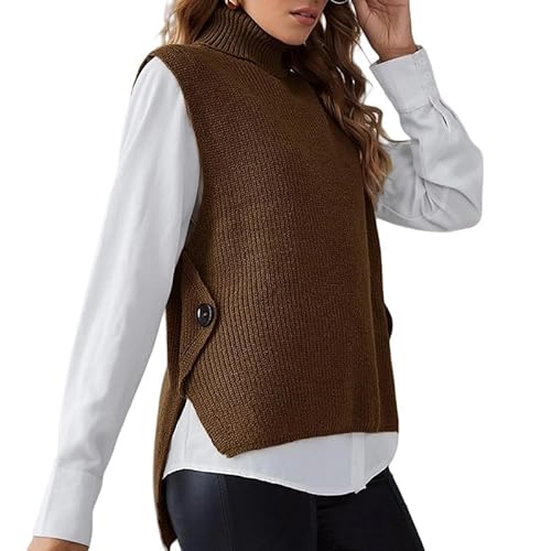 LIUYUYOUGO Sweater Vest,Damen Strickpullover Weste Mode Einfarbig Unregelmäßige Knöpfe Rippstrick Rollkragen Herbst Winter Lose Ärmellose Pullover Gilets Pullover Stricken Tank Top Cami Weste Bl von LIUYUYOUGO