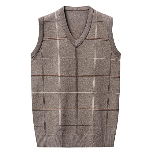 LIUYUYOUGO Sweater Vest,Herren Strickpullover Weste Lässig Khaki Kariert Jacquard V-Ausschnitt Herbst Warm Ärmellos Strick Pullover Gilet Classic Business Weste Strick Tanktops,XL von LIUYUYOUGO