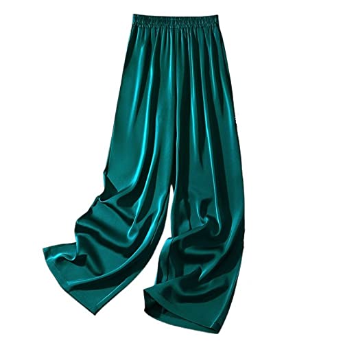 LIUYUYOUGO Weite Hose Damen, Damen-Satin-Hose Mit Weitem Bein Mode Einfarbig Dehnbare Taille Gesmokte Hose Elegante Palazzo-Hose Lässige Leichte Bequeme Sommerhose Gerades Bein Hosenunterteile,Teal von LIUYUYOUGO