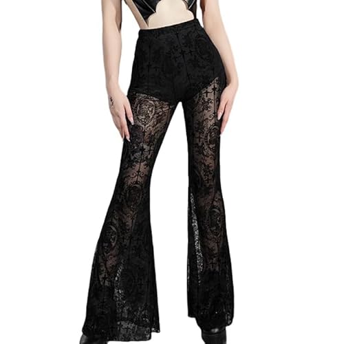 LIUYUYOUGO Wide Leg Hose Damen Damen Spitzenhose Mit Schlaghose Gothic Schwarz High Waist Flare Leggings Hose Spitze Weite Beinhose Y2K Punk Hose Party Club Festival Kleidung Xs von LIUYUYOUGO