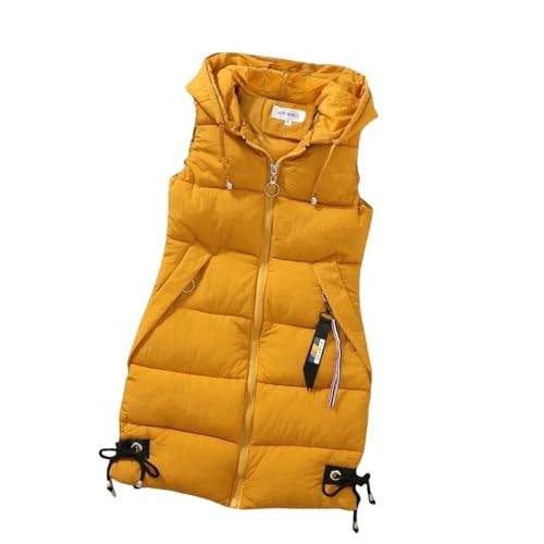 Long Weste Damenlange Steppweste Damen Lange Weste Mit Kapuze, Trendige Fliege Saum Lange Steppweste Damen Elegante Weste Winddichte Weste Wintermantel Für Damen Mädchen Outdoor-Büro,Senfgelb,XL von LIUYUYOUGO