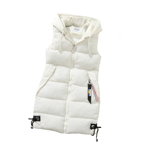 Long Weste Damenlange Steppweste Damen Lange Weste Mit Kapuze, Trendiger Fliege Saum Lange Steppweste Damen Elegante Weste Winddichte Weste Wintermantel Für Damen Mädchen Outdoor-Büro,Weiß,L von LIUYUYOUGO