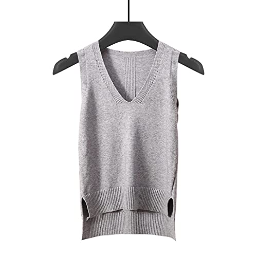 Pullunder Für Damen,Frauen Strickpullover Weste Mode Casual Einfarbig Spleißen V-Ausschnitt Herbst Winter Lose Ärmellose Pullover Gilets Pullover Stricken Tank Top Cami Weste Bluse,Hellgrau,L von LIUYUYOUGO