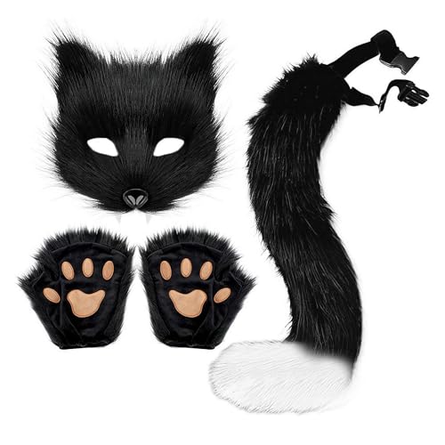 Kunstpelz Katze Wolf Maske Schwanz und Handschuhe Set Pelzpfote Handschuhe Kostüm Cosplay Tier für Halloween Weihnachten Party, Schwarz , One size von LIUZHIPENG
