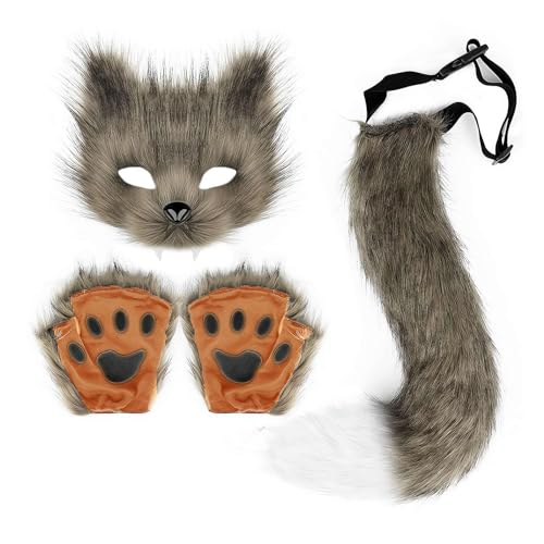 Kunstpelz Katze Wolf Maske Schwanz und Handschuhe Set Pelzpfote Handschuhe Kostüm Cosplay Tier für Halloween Weihnachten Party, braun, One size von LIUZHIPENG