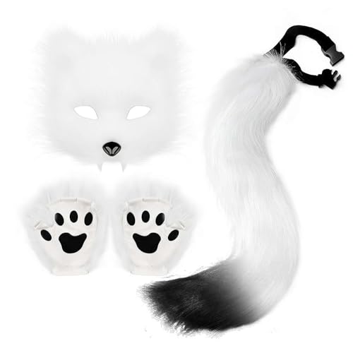 LIUZHIPENG Kunstpelz Katze Wolf Maske Schwanz und Handschuhe Set Pelzpfote Handschuhe Kostüm Cosplay Tier für Halloween Weihnachten Party, weiß, Einheitsgröße von LIUZHIPENG