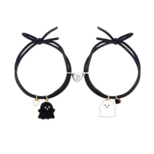 LIUZHIPENG 2 Pcs Magnetic Matching Bracelet Cute Ghost Heart Couple Bracelet Set Adjustable Braide Rope Black White Ghost Pendant Bracelet Jewelry Gift Women Men, Legierung, Kein Edelstein von LIUZHIPENG